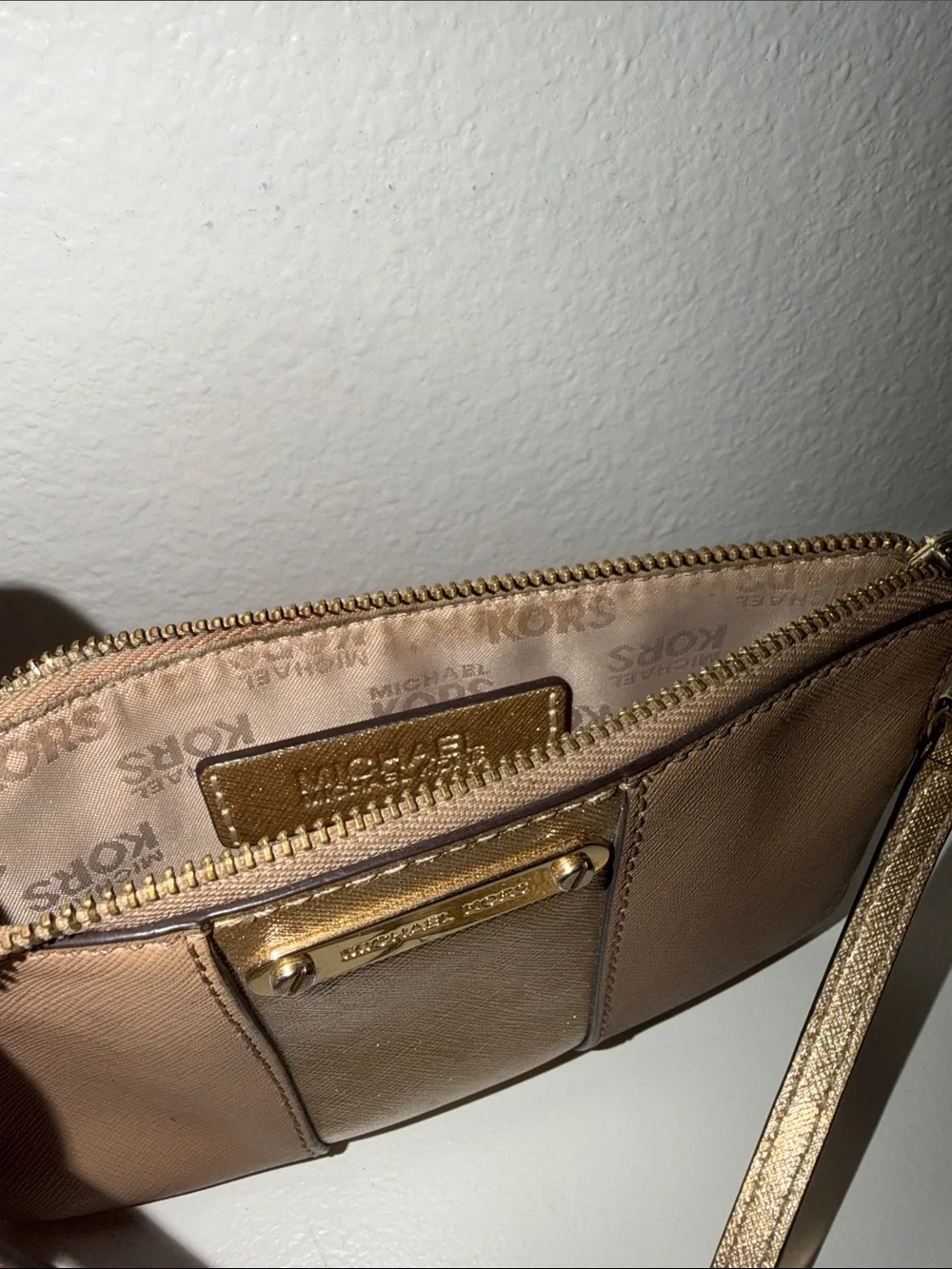 Michael Kors Tan and Gold Wristlet Clutch